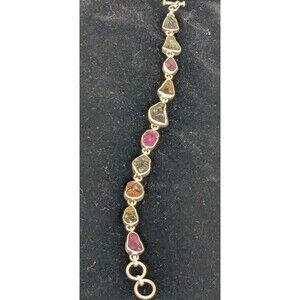 Raw Rainbow Tourmaline Sterling Silver Toggle Clasp Bracelet 7.5" Colourful